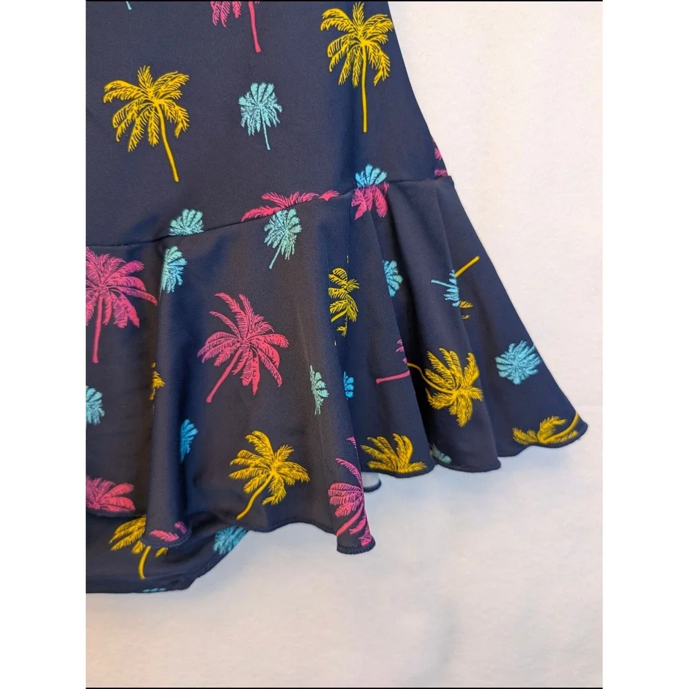 Shore Shapes Navy Blue Neon Palm Tree Ruched Halter Swim Dress One Piece Size 10